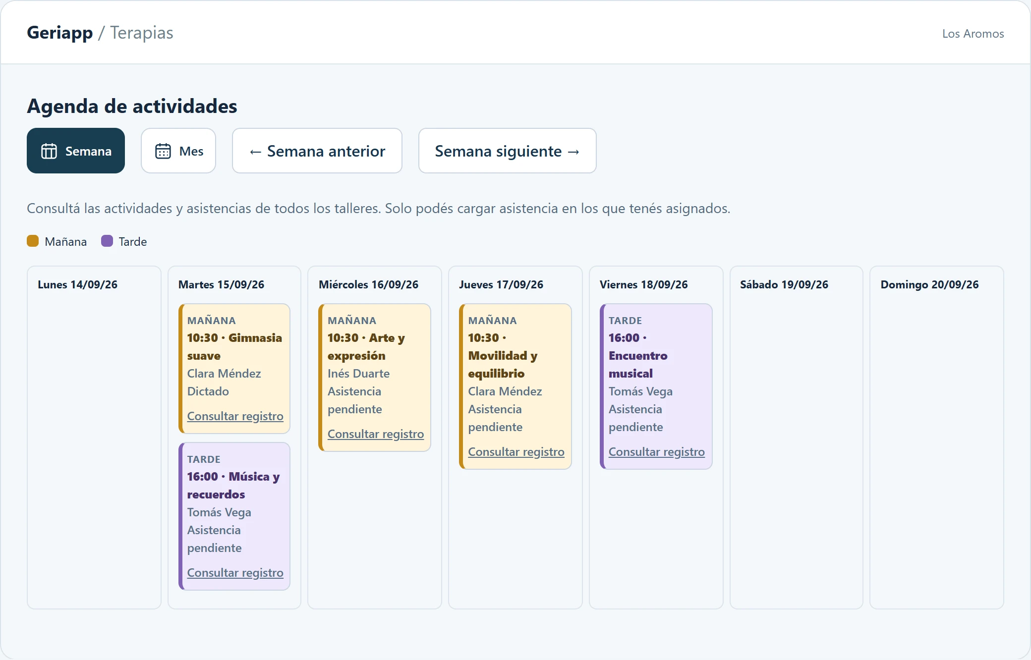 Agenda semanal real de Geriapp con gimnasia, música y arte, profesionales y estados de asistencia ficticios