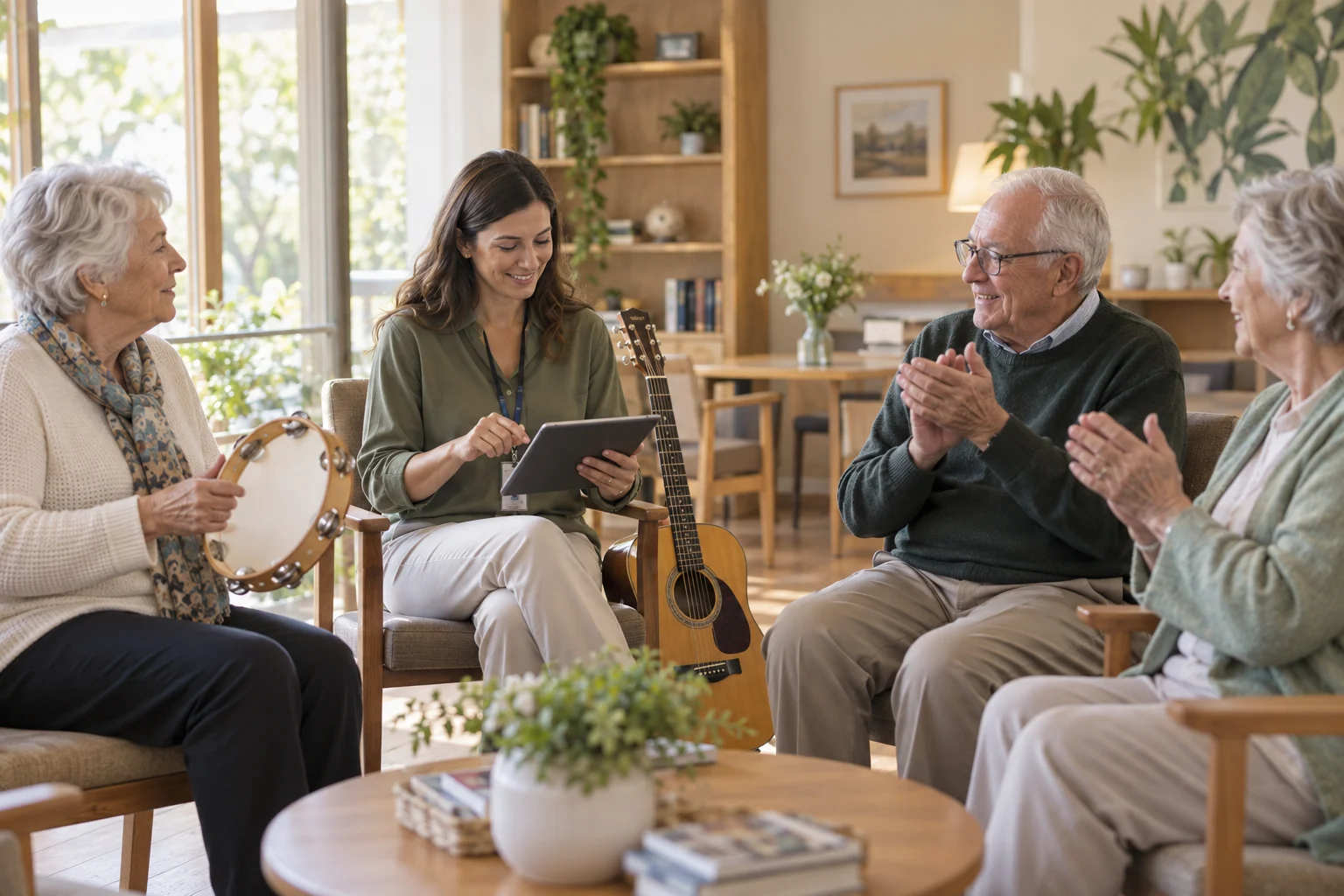 Profesional usando una tablet durante un taller de música para adultos mayores